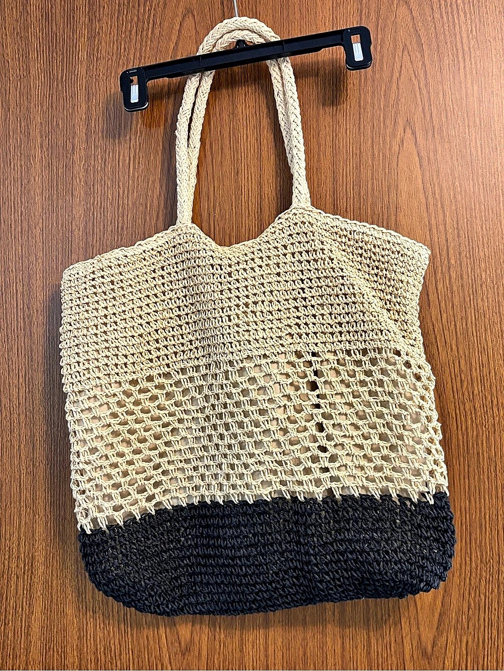 La Regale Color Block Straw Tote in Beige & Black NWT